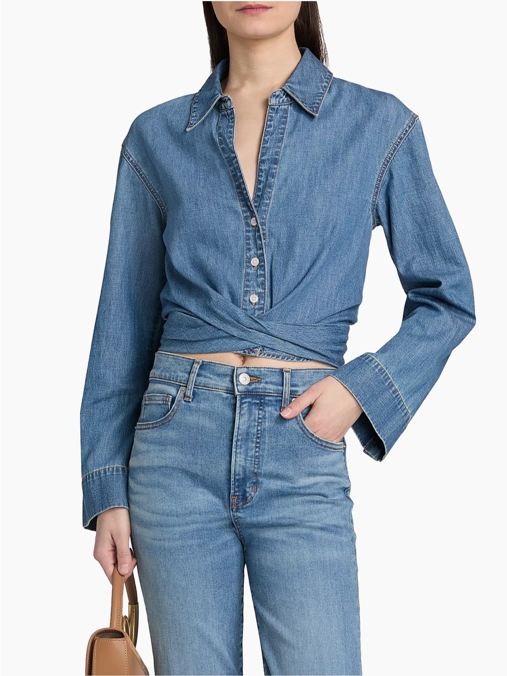 Veronica Beard | Timothy Twist Hem Denim Shirt- Light Blue - Picture 3 of 11